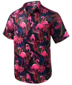 Rithern Hawaiihemd Herren Kurzarm Flamingo Sommerhemd Party Freizeithemden für Männer Vordertasche Strand Hawaii-Hemd Schwarz & Rosa XL von Rithern