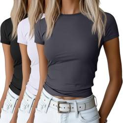 Riyiper 3 Stück Damen Kurzarm Crop Tops U-Boot-Ausschnitt Slim Fitted Cropped Shirts Workout Basic Tops, Schwarz, Weiß, Dunkelgrau, Mittel von Riyiper