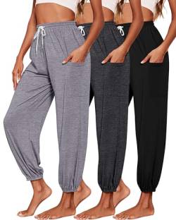 Riyiper 3er-Pack Damen-Jogginghose, gemütliche Yogahose mit Taschen, lässige Harems-Lounge-Hose, athletischer Kordelzug, Schwarz, Hellgrau, Dunkelgrau, Groß von Riyiper