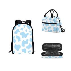 Rnyleeg 3-teiliges Reise-Rucksack-Set für Mädchen, blaue Kuh-Druck, Schultasche, wasserdichte Rucksäcke, Lunchbox für Frauen, Handtaschen, Umhängetaschen, Stifttasche, kleines Federmäppchen für die von Rnyleeg