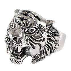 RobertDTesta Offener Tigerkopfring Aus S925-Silber Für Herren, Retro-Thai-Silberkönig Der Bestien Dominierender Tiger Offener Verstellbarer Ring,Silber,8 von RobertDTesta