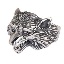 RobertDTesta Wolfskopfring Aus Sterlingsilber Für Herren,S925 Silber Wikinger Retro Dreidimensionaler Wolfskopf Offener Ring,Silber,9 von RobertDTesta