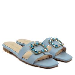 Roberta Martini Damen-Sandalen Capri mit niedrigem Absatz für den Sommer, Einlegesohle aus echtem Leder und Memory mit Schmuck, blau, 39 EU von Roberta Martini