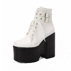 Rock88 Damenstiefel mit Klobigem Absatz,Plateau Stiefeletten mit Doppelschnallen-Schnürdesign,Kurze Stiefel für Festivals oder Konzerte,White,42 von Rock88