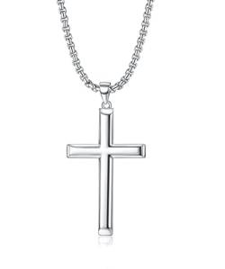 Roheafer 925 Sterling Silber Kreuz Kette Herren Solide Boxkette aus Edelstahl 18 Karat Weißgold Vergoldete Kreuz Anhänger Polierte Abgeschrägte Kante Kreuzkette Halskette für Herren Frauen von Roheafer