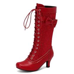 Damen Mid-Calf Stiefel Jahrgang Victorian Stiefel with Bow Süss Hochzeit Stiefel with Spitze Mediaeval Renaissance Style 70's Outfits Schuhe Red Size 39 von Roimaash