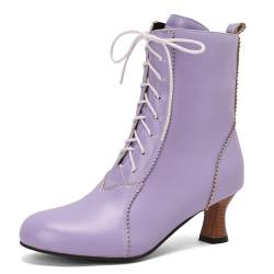 Jahrgang Damen Ankle-High Boots Victorian Stiefeletten Zipper Schnüren Runde Zehen Mediaeval Renaissance Style 70's Outfits Schuhe Purple Size 38 von Roimaash