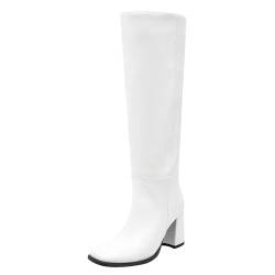 Roimaash Elegant Dressy White Kniestiefel für Damen Riding Stiefel Wide Calf Hohe Stiefel Zipper DaHerren Knee-Hohe Stiefel Block Heels Botas para Mujer Altas Leder Size 10 von Roimaash