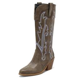 Roimaash Klassischer Mid Calf Stiefel Block Heels Für Frauen Embroidered Cowgirl Stiefel Mid Heel Cowboy Stiefel Pointed Toe Country Botas Para Mujer Khaki Size 43 von Roimaash