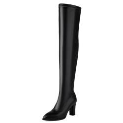 Roimaash Mode Elastisch Thigh Hohe Stiefel Stretch Stiefel Overknee Go go Stiefel Zipper Pointed Toe Block Heels Abend Cheerleader Stiefel Lange Stiefel Black Plus Size 34 von Roimaash