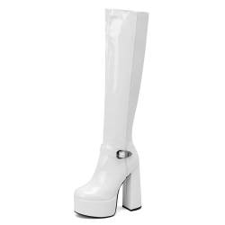 Roimaash Niedlichs Plateau Stiefel Thigh High Für Frauen Wide Calf OverKniestiefel Runde Zehen Blockabsatz Party Dressy Stiefel Zipper Leder White Size 42 von Roimaash