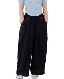 Rolanko Mädchen-Hose mit Weitem Bein, Fließender Paperbag Stil Elastische Taille Sommer Palazzo Hose mit Taschen für lockere Passform, Schwarz, 13-15 Jahre/170 von Rolanko