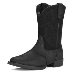 Rollda Cowboystiefel für Herren, Westernstiefel, Leder, quadratische Zehenpartie, klobiger Absatz, wadenhoch, klassisch bestickt mit Zuglaschen, Schwarz, 46 EU von Rollda