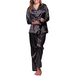 Ronony Winter GroßE GrößEn Satin Pyjama Damen Nachthemd Lang V-Ausschnitt Zweiteiliges Schlafanzüge Frauen Einfarbig Hosen Hausanzug Langarm Sleepwear Klassische Loungewear Seide Sleepwear Set von Ronony