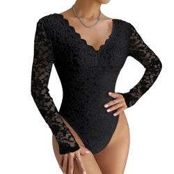 RoomTour Damen Body Spitzen Bodysuit Langarm Elegant Bodys Für Damen Spitzenbody Party Oberteil mit V-Ausschnitt von RoomTour