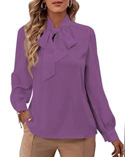 Rooscier Damen Fliege Ausschnitt Langarm Buttton Manschette Chiffon Elegante Bluse, dunkelviolett, Mittel von Rooscier