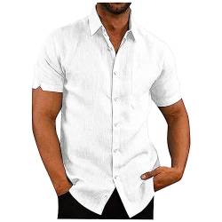 Herrenhemden Langarm Sport Shirt Männer Hemden Bügelautomat Revers Einfarbig Leinenshirt Mit Brusttasche Kurzarm Strandhemd Knopfleiste Freizeithemden Herren Tshirt Set (Weiß, L) von Rosennie