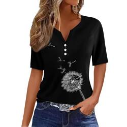 Meine Bestellungen Bluse Damen T Shirts Damen Damen T-Shirt V-Ausschnitt Blumen Bedruckt Henley Shirt Mit Knopfleiste Bequem Oversize Shirt Trachtenbluse Dirndlbluse Schwarz (Schwarz XXL) von Rosennie