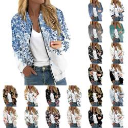 Rosennie Bomberjacke Damen Blumenmuster Übergangsjacke Sommer Blouson mit Reißverschluss Herbst Frühling Jacket Damen Mädchen Sommerjacke Kurz Langarm College Jacke Leichte Pilotenjacke Fliegerjacke von Rosennie