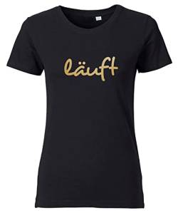 Damen T-Shirt mit Aufdruck Läuft - lustiges Sprüche Freizeitshirt Schwarz Goldmetallic M von Roughtex