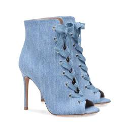 Rozhuhro Damen Peep Toe Schnürstiefeletten Stiletto High Heels Fischmaul Stiefeletten Atmungsaktiv Hohl Party Kleid Pumps Sommer Booties,Denim,45 EU von Rozhuhro