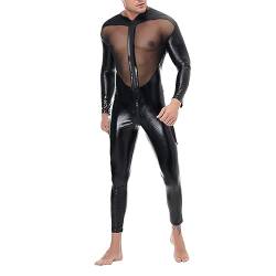 Rrongwn Latex ähnliches Herren Catsuit Wetlook Lack Leder Overall Männer Mesh Komplett Anzug Langarm Shirts und Lange Hose Einteiler Wetlook Bodysuit Dessous Bodysuit Slim Fit Sext Muskel Jumpsuit von Rrongwn