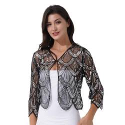 Rswnyirn Damen Bolero Glitzer Festlich Jäckchen Kurz Schulterjacke Pailletten Jacke Strickjakce Durchsichtig Vintage Flapper Kostüm für Kleider Silber Einheitsgröße von Rswnyirn