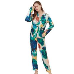 RuanMM Seiden-Pyjama-Set für Damen, langärmliges Oberteil und Lange Hose, seidige Nachtwäsche, Button-Down-Pyjama-Sets, Nachtwäsche, gemischtes Grün, L von RuanMM