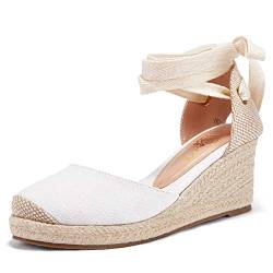 Ruanyu Damen Plateau Espadrille Sandalen Schnürung Geschlossene Zehen Sommer Keilsandalen, 2-beige, 38.5 EU von Ruanyu