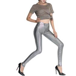 Rubberfashion Glanz Leggings - bis zur Taille - glänzende Leggins mit Streifen metallic matt für Damen und Mädchen Silber metallic S/EU Größe: XS von Rubberfashion