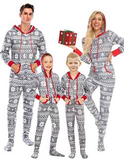 Rubehoow Weihnachten passender Familien-Pyjama Weihnachten Schneeflocken-Print Nachtwäsche Reißverschluss-Schlafanzug Loungewear (Grau, S) von Rubehoow