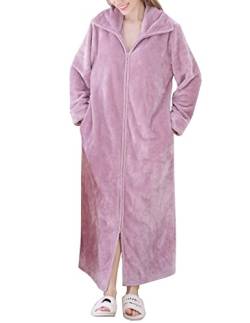 Ultra warmes Fleece -Roben für Frauen Langschläfe Plüsch Reißverschluss vordere weiche Hausmantel mit Taschen (Lila, L) von Rubehoow