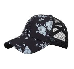 Ruicheng Pferdeschwanz Cap Damen Blumen Mesh Cap Sommer Atmungsaktiv Kappe Basecap (DE/NL/SE/PL, Numerisch, 56, 60, Schwarz) von Ruicheng