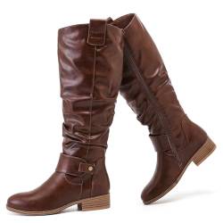 Ruiee Damen Slouchy Kniehohe Stiefel Spitz Zehen Reitstiefel Bequem und modisch für Herbst und Winter tragen für Frauen, Braun PU 124, 37 EU von Ruiee