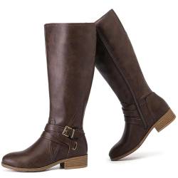 Ruiee Kniehohe Damenstiefel – stilvolle und bequeme runde Zehenpartie, flach, hoch, lässig, Reitstiefel mit seitlichem Reißverschluss für Herbst und Winter für Damen., Braun PU 113, 41 EU von Ruiee