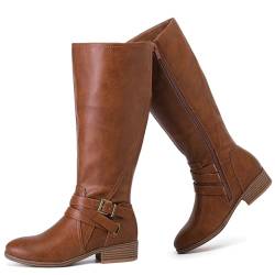 Ruiee Kniehohe Damenstiefel – stilvolle und bequeme runde Zehenpartie, flach, hoch, lässig, Reitstiefel mit seitlichem Reißverschluss für Herbst und Winter für Damen., Hellbraunes Polyurethan 113, 43 von Ruiee