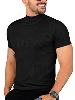 Herren Casual Slim Fit Basic Tops Kurzarm Shirt Rollkragen T Shirts Rippstrick it Stretch Pullver Sweater, schwarz, XX-Large von Runcati