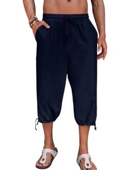 Herren Harem Capri Hosen Strand Yoga 3/4 Shorts Drawstring Sommerhose Freizeithose Wide Leg Loose Fit Pants Outdoor Wanderhose, Dunkelblau L von Runcati