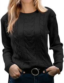 Runcati Damen Pullover Casual Einfarbige Langarm Kabel Stricken Crewneck Soft Elegant Chunky Pullunder Sweater,Schwarz,S von Runcati