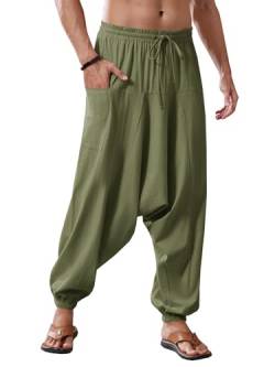 Runcati Herren Baumwolle Haremshosen Baggy Hippie Casual Leinen Yoga Hose Strand Tief Schritt Trouser Armeegrün L von Runcati