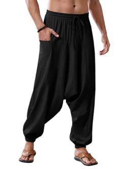 Runcati Herren Baumwolle Haremshosen Baggy Hippie Casual Leinen Yoga Hose Strand Tief Schritt Trouser Schwarz L von Runcati