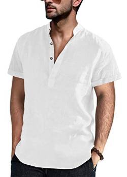 Runcati Herren Hemd Henley Shirts Sommer Kurzarm Freizeithemd Kragenlos Stehkragen Business Shirts, Weiß, M von Runcati