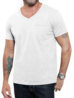 Runcati Herren Kurzarm V Ausschnitt T-Shirt Sommer Baumwolle Tee Strand Tops mit Tasche Weiß, XL von Runcati