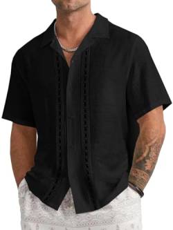 Runcati Herren Leinen Hemd Cuban Guayabera Shirt Kurzarm Button Down Lässig Leichtgewichtig Sommer Strand Tops Schwarz Mittel von Runcati