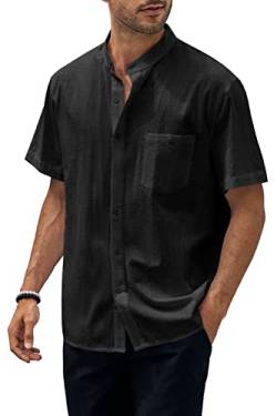 Runcati Herren Sommer Kurzarmhemd Leinen Baumwolle Hemd Strand Vintage Stehkragen Shirt Casual Tops, Schwarz, XXL von Runcati