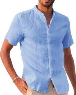 Runcati Leinenhemd Herren Sommer Kurzarm Freizeithemd Regular Fit Strandhemd Einfarbig Casual Shirts Blau 3XL von Runcati