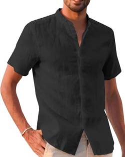 Runcati Leinenhemd Herren Sommer Kurzarm Freizeithemd Regular Fit Strandhemd Einfarbig Casual Shirts Schwarz 3XL von Runcati