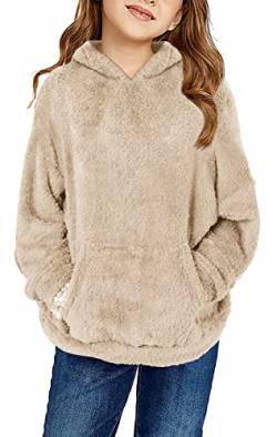 Runcati Pullover Mädchen Kapuzenpullover Fuzzy Teddy Fleece Sweatshirts mit Kapuze Taschen Freizeit Warm Kinder Hoodies,Khaki,7-10Jahre von Runcati