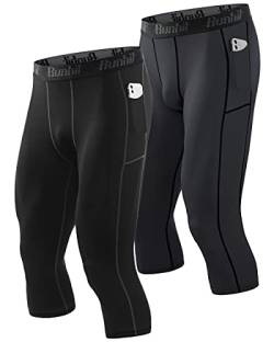 Runhit 3/4 Kompressionshose Herren mit Taschen Leggings Sporthose Atmungsaktiv Laufhose Herren Lang 3/4 Lauftights Trainingshose von Runhit