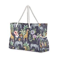 Strandtasche mit tropischen Palmenblättern, Giraffen- und Zebramuster, extra groß, für Damen, Pool-Umhängetasche, Reisetasche, Übernachtung, Urlaub, Essentials, wasserdicht, mit Netztasche, von RunningBear